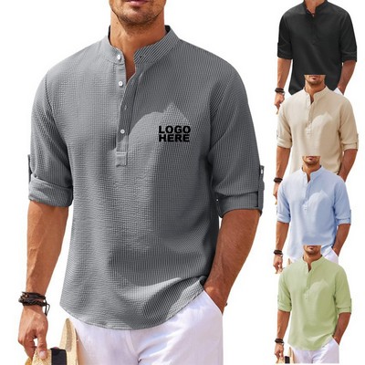 Custom Breathable Casual Top Summer Beach Shirts Button Up Henley Men's T-Shirt