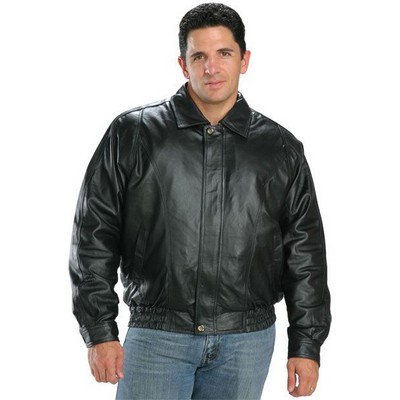 Men's Classic Solid Leather Bomber Jacket w/Zip-Out Fleece Lining