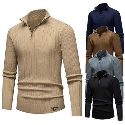 Custom Winter Mock Neck Casual Ribbed Knit Pullover Mens Quarter Zip Knit Sweater