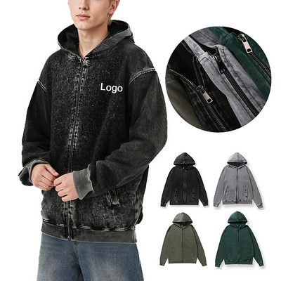 320g L-4xl Retro Heavyweight Cotton Textured Zip-Up Washed Cardigan Hoodie