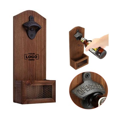 Wooden Wall Mounted Bottle Opener With Cap Catcher