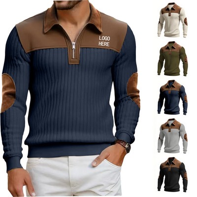 Men's Quarter-Zip Fleece-Lined Henley Collar Sweatshirt With Color Block Design
