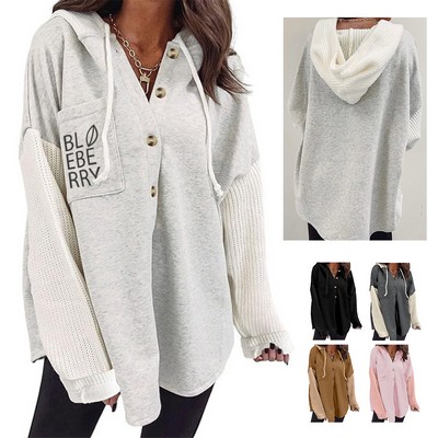 Casual Long Sleeve Button Hooded Sweatshirts