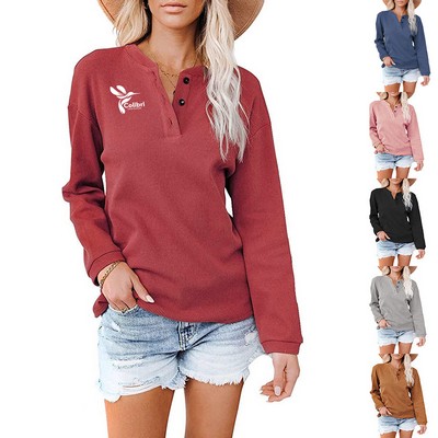 Women's Long Sleeve Button Comfort V Neck Loose Shirt