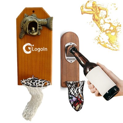 Wooden Big Mouth Bass Beer Bottle Opener Wall Mounted with Magnetic Cap Catcher