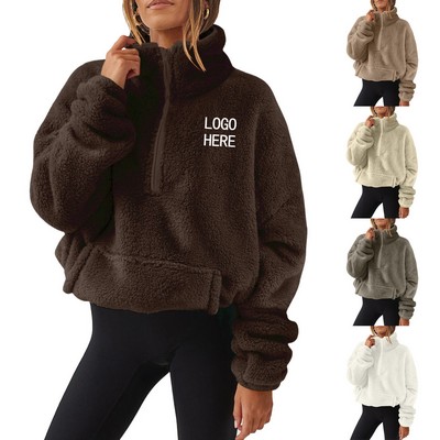 Women's Plush Fleece-Lined Half-Zip Stand Collar Pullover