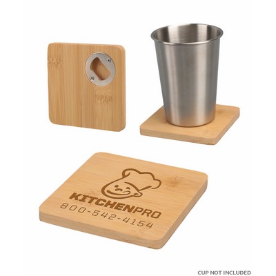 Union Printed - 4" Square Bamboo Coaster with Beer Opener - Laser Engraved Logo